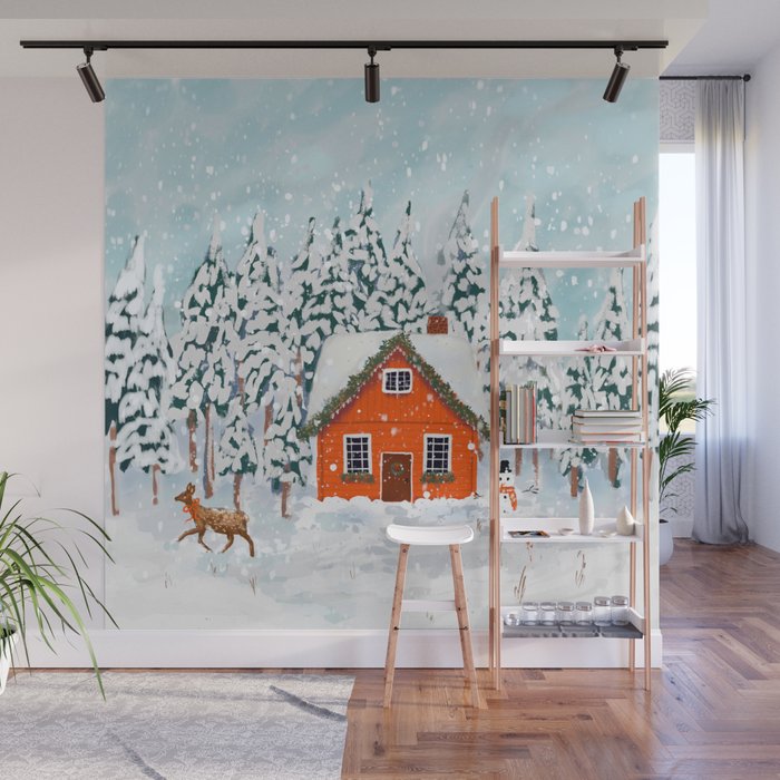 Cozy Winter Cabin in the Snowy Woods  Wall Mural Gallery Image 1