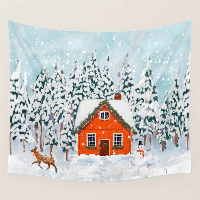 Cozy Winter Cabin in the Snowy Woods  Wall Tapestry Gallery Image 1