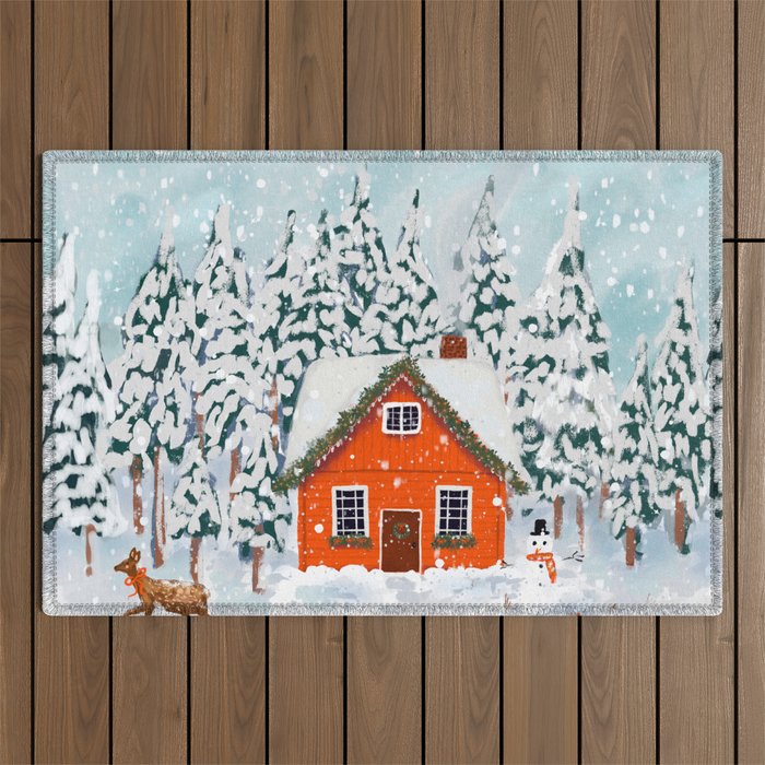 Cozy Winter Cabin in the Snowy Woods  Outdoor Rug Gallery Image 1