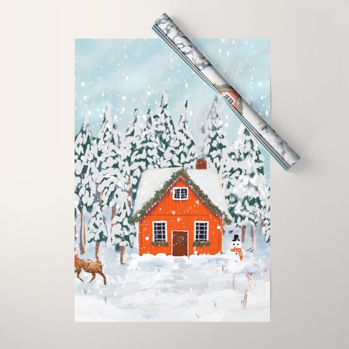 Cozy Winter Cabin in the Snowy Woods  Wrapping Paper Gallery Image 1