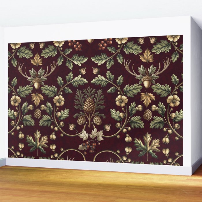William Morris Woodland Nostalgia Burgundy Red Wall Mural Gallery Image 2