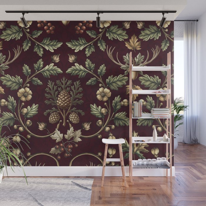 William Morris Woodland Nostalgia Burgundy Red Wall Mural Gallery Image 1