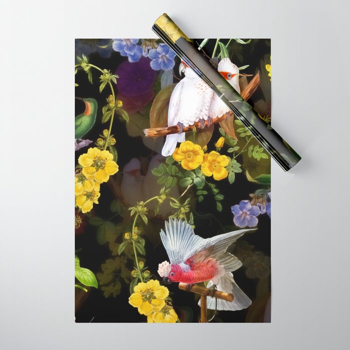 Vintage & Shabby Chic - Tropical Night Bird Flower Garden Wrapping Paper Gallery Image 1