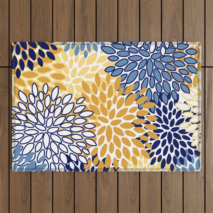 Floral Blooms, Yellow and Blue Flowers Outdoor Rug Gallery Image 1