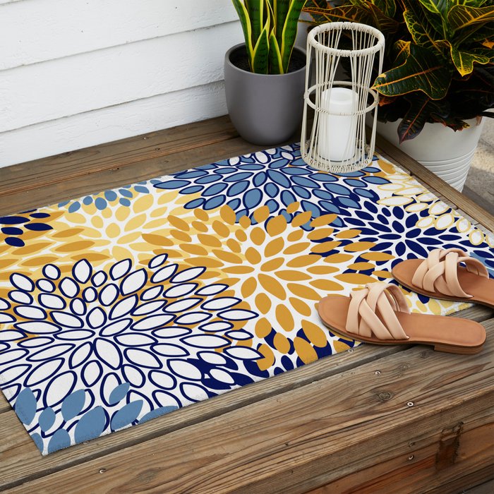 Floral Blooms, Yellow and Blue Flowers Outdoor Rug Gallery Image 2