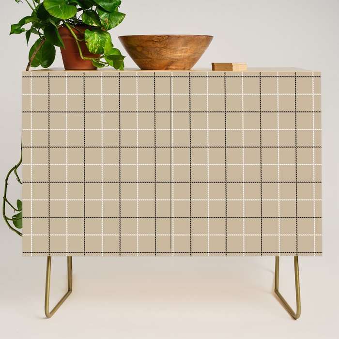 Tattersall Windowpane Check Plaid (tan/black/white) Credenza Gallery Image 1
