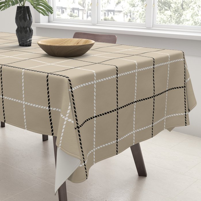 Tattersall Windowpane Check Plaid (tan/black/white) Tablecloth Gallery Image 3