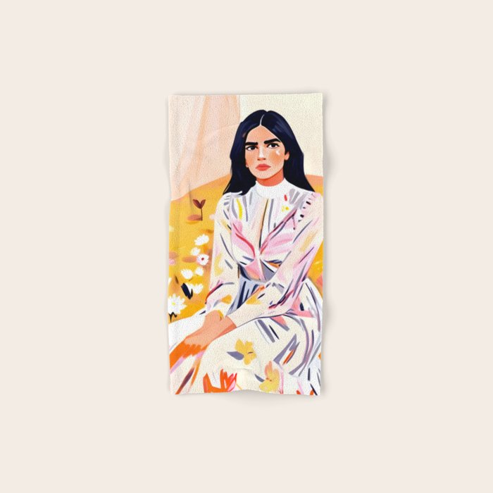 Spring Girl, Self-Reliant Beautiful Eclectic Bohemian Woman Portrait, Bold Floral Colorful Floral Self Reliant, Strong Independent Female Dress Fashion Painting Bath Towel Gallery Image 1