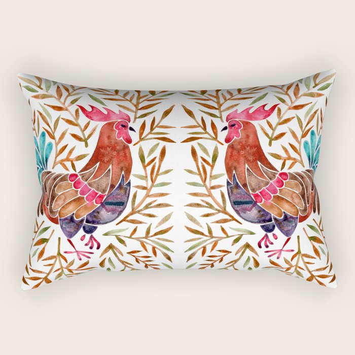 Le Coq â Watercolor Rooster with Sepia Leaves Rectangular Pillow Gallery Image 2