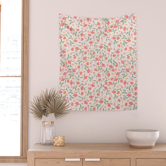 A breath of fresh air - A seamless floral pattern in pinks and reds Wall Tapestry Gallery Image 2