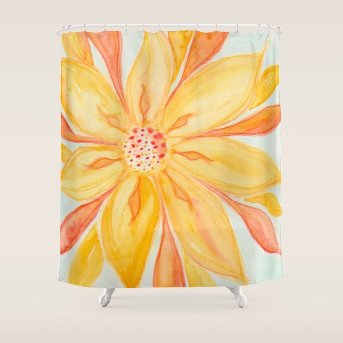 Sunburst Yellow and Orange Abstract Watercolor Flower Shower Curtain Gallery Image 1