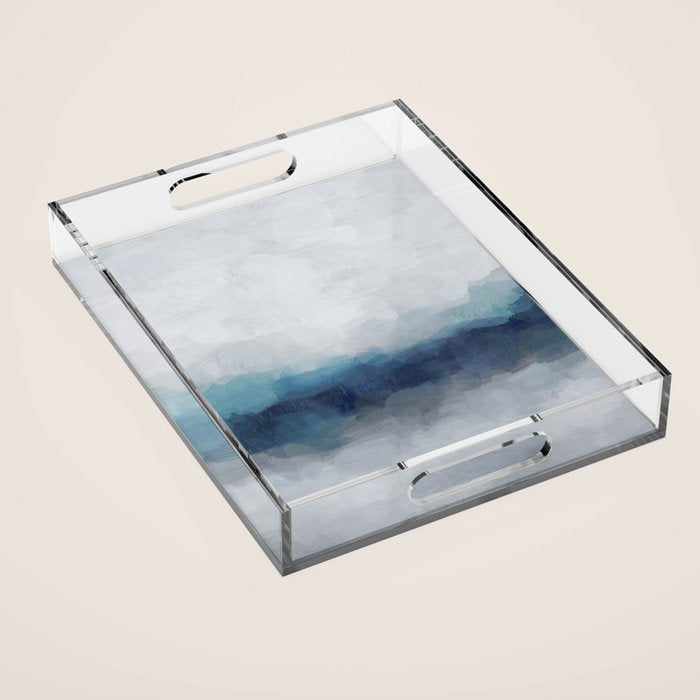Rainy Morning - Indigo Navy Ocean Horizon, Sky Gray Blue Abstract Nature Ocean Cloudy Sunrise Water Acrylic Tray Gallery Image 1