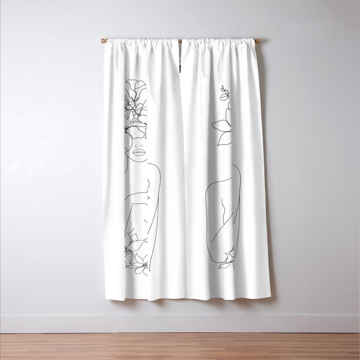 Minimal Line Art Woman with Flowers IV Window Curtain Gallery Image 3