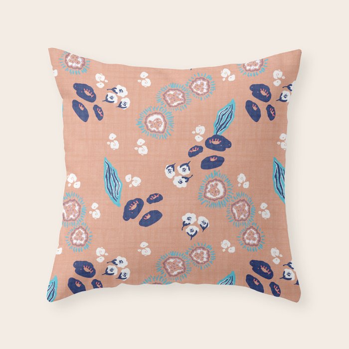 Romantic Abstract Flowers Blue and Muted Pink Throw Pillow Gallery Image 1