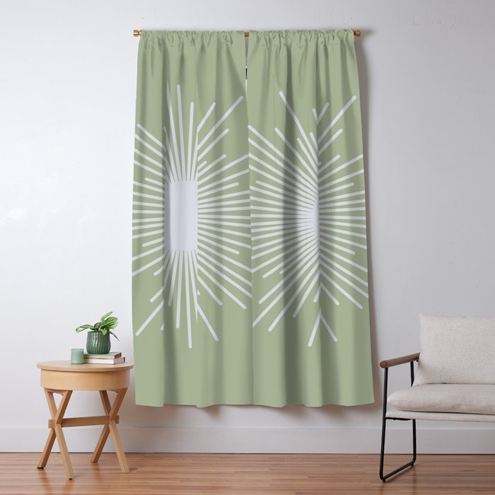 Midcentury Modern Minimalist Sunburst 4 in Light Silver Gray and Sage Green Window Curtain Gallery Image 5