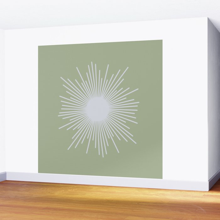 Midcentury Modern Minimalist Sunburst 4 in Light Silver Gray and Sage Green Wall Mural Gallery Image 2
