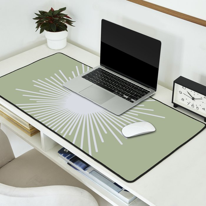 Midcentury Modern Minimalist Sunburst 4 in Light Silver Gray and Sage Green Desk Mat Gallery Image 2