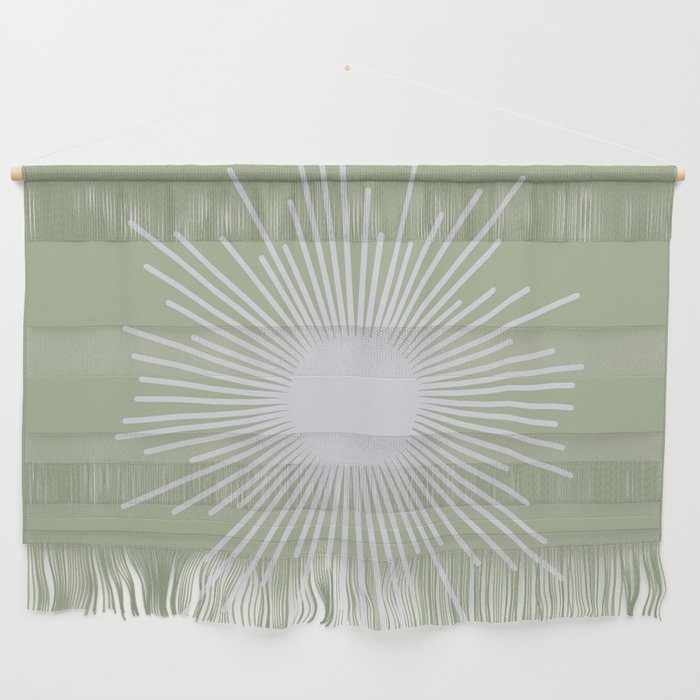 Midcentury Modern Minimalist Sunburst 4 in Light Silver Gray and Sage Green Wall Hanging Gallery Image 1
