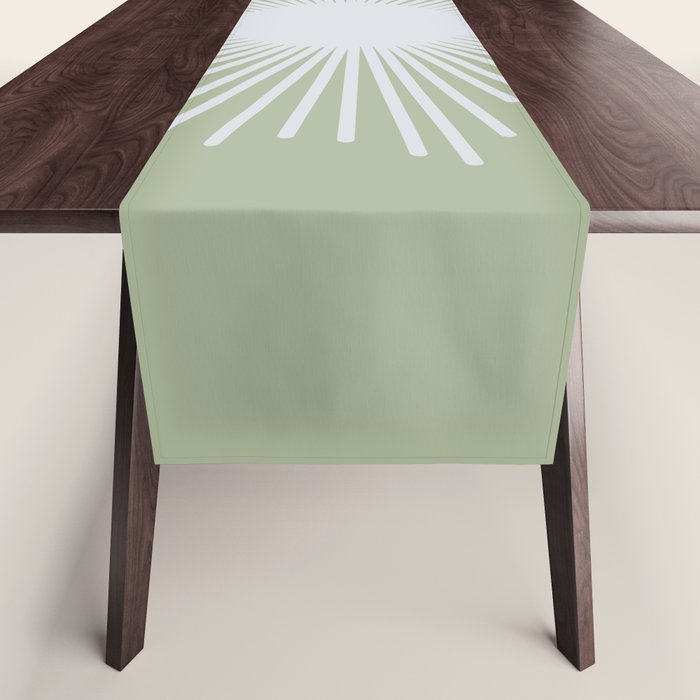 Midcentury Modern Minimalist Sunburst 4 in Light Silver Gray and Sage Green Table Runner Gallery Image 1