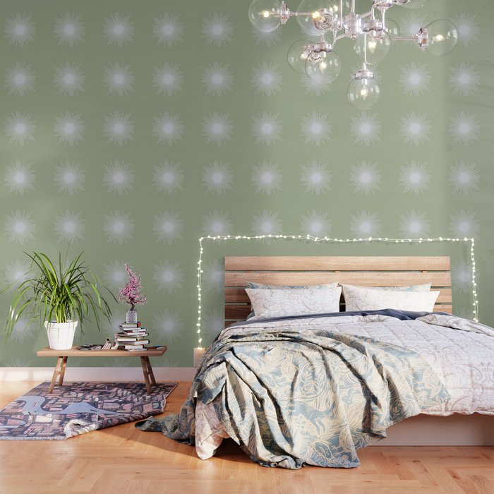 Midcentury Modern Minimalist Sunburst 4 in Light Silver Gray and Sage Green Wallpaper Gallery Image 1