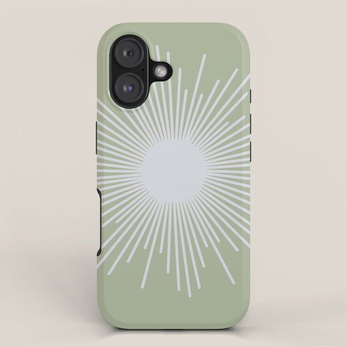 Midcentury Modern Minimalist Sunburst 4 in Light Silver Gray and Sage Green iPhone Case Gallery Image 1