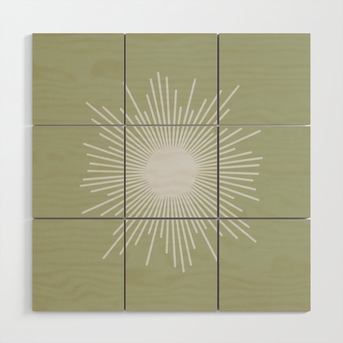 Midcentury Modern Minimalist Sunburst 4 in Light Silver Gray and Sage Green Wood Wall Art Gallery Image 1