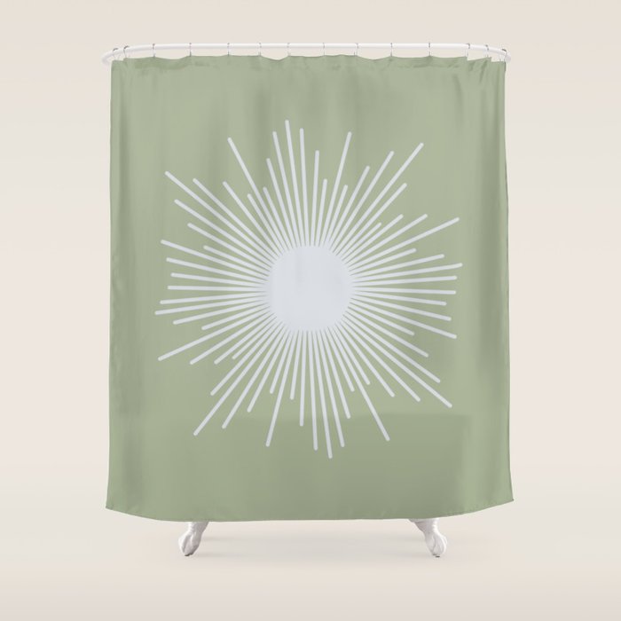 Midcentury Modern Minimalist Sunburst 4 in Light Silver Gray and Sage Green Shower Curtain Gallery Image 1