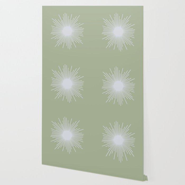 Midcentury Modern Minimalist Sunburst 4 in Light Silver Gray and Sage Green Wallpaper Gallery Image 2