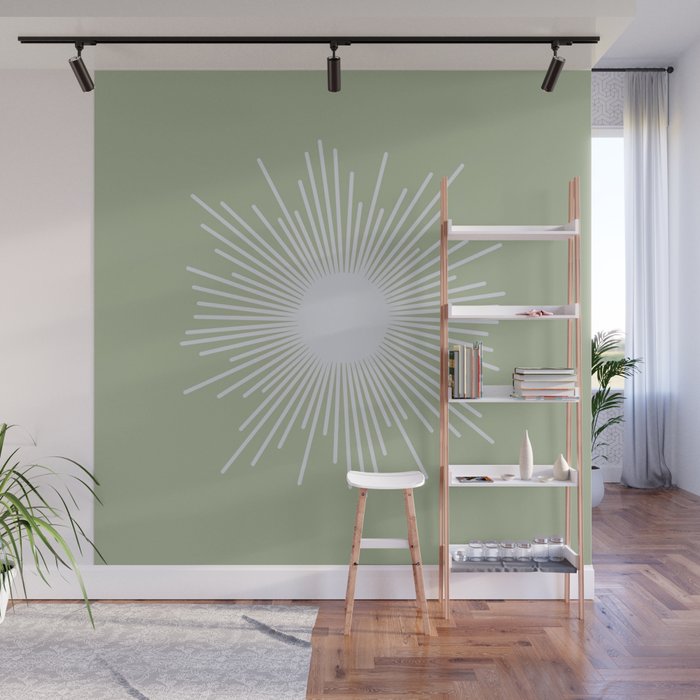 Midcentury Modern Minimalist Sunburst 4 in Light Silver Gray and Sage Green Wall Mural Gallery Image 1