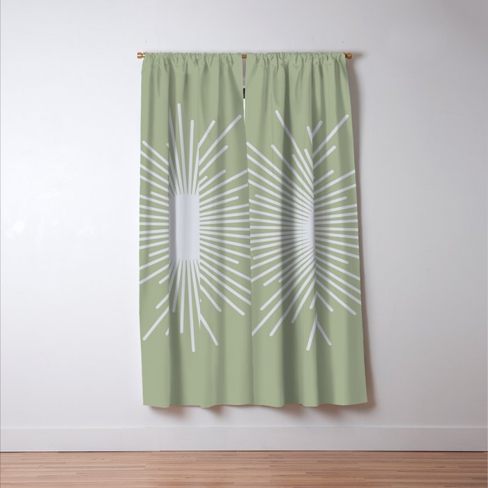 Midcentury Modern Minimalist Sunburst 4 in Light Silver Gray and Sage Green Window Curtain Gallery Image 3
