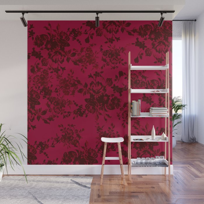 Vintage black gray red bohemian floral pattern Wall Mural Gallery Image 1