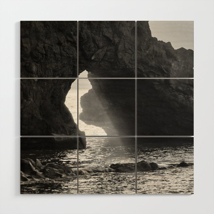 Sunrays Through The Arch. Del Medio Beach. At Sunrise. Bw Wood Wall Art Gallery Image 1