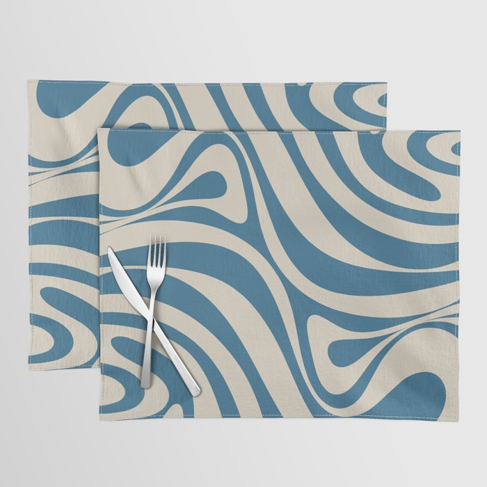 New Groove Retro Swirl Abstract Pattern in Boho Blue and Beige Placemat Gallery Image 1