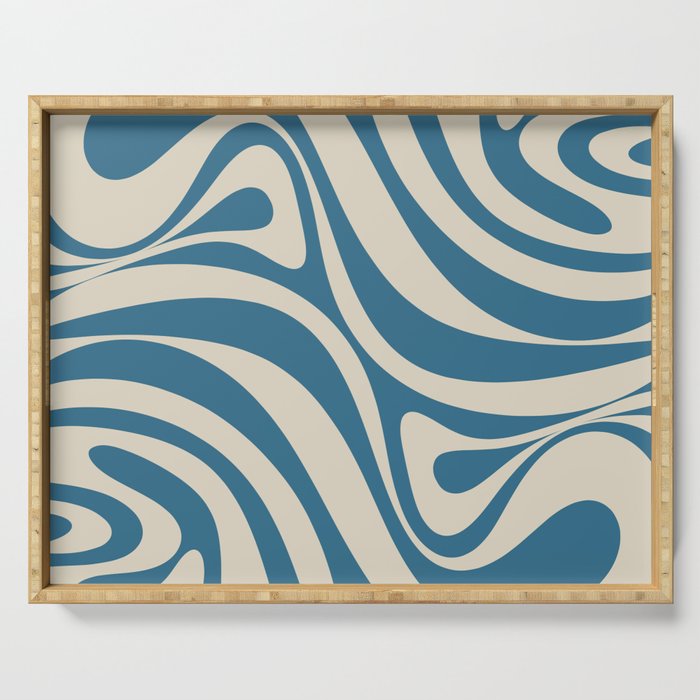 New Groove Retro Swirl Abstract Pattern in Boho Blue and Beige Serving Tray Gallery Image 1