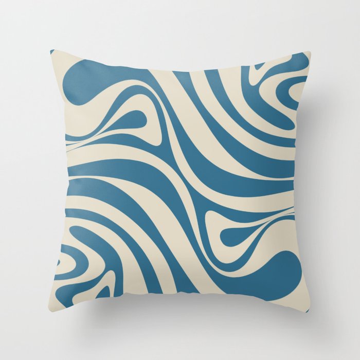 New Groove Retro Swirl Abstract Pattern in Boho Blue and Beige Throw Pillow Gallery Image 1