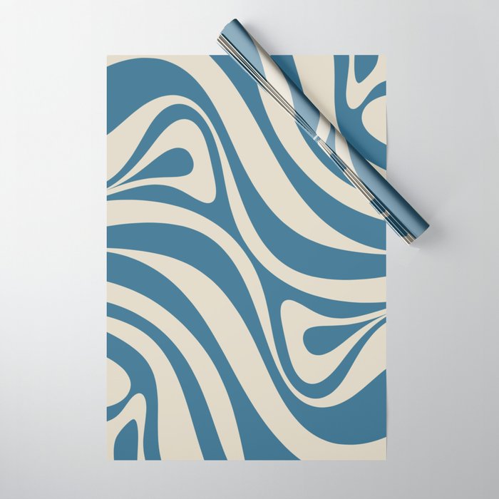 New Groove Retro Swirl Abstract Pattern in Boho Blue and Beige Wrapping Paper Gallery Image 1