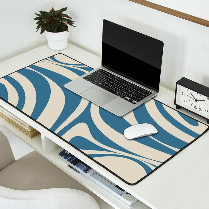 New Groove Retro Swirl Abstract Pattern in Boho Blue and Beige Desk Mat Gallery Image 2