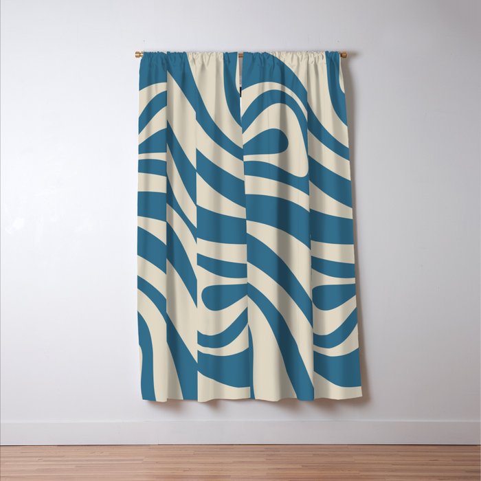 New Groove Retro Swirl Abstract Pattern in Boho Blue and Beige Window Curtain Gallery Image 3