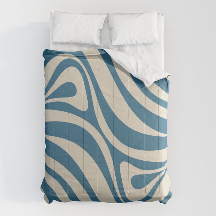 New Groove Retro Swirl Abstract Pattern in Boho Blue and Beige Comforter Gallery Image 6