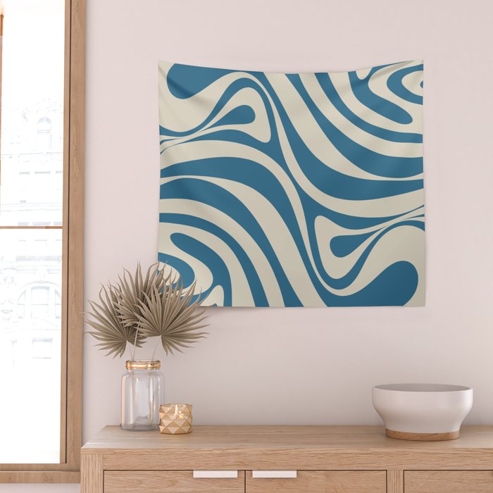 New Groove Retro Swirl Abstract Pattern in Boho Blue and Beige Wall Tapestry Gallery Image 2