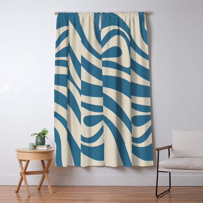 New Groove Retro Swirl Abstract Pattern in Boho Blue and Beige Window Curtain Gallery Image 1