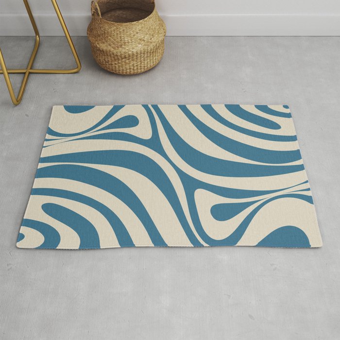 New Groove Retro Swirl Abstract Pattern in Boho Blue and Beige Rug Gallery Image 1