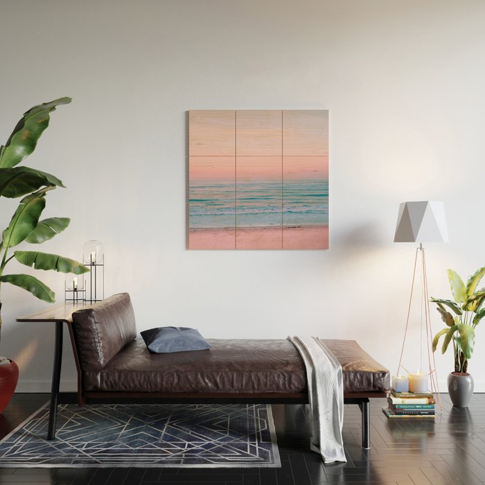Gorgeous Pink Sunset Beach, Ocean Waves Wood Wall Art Gallery Image 2