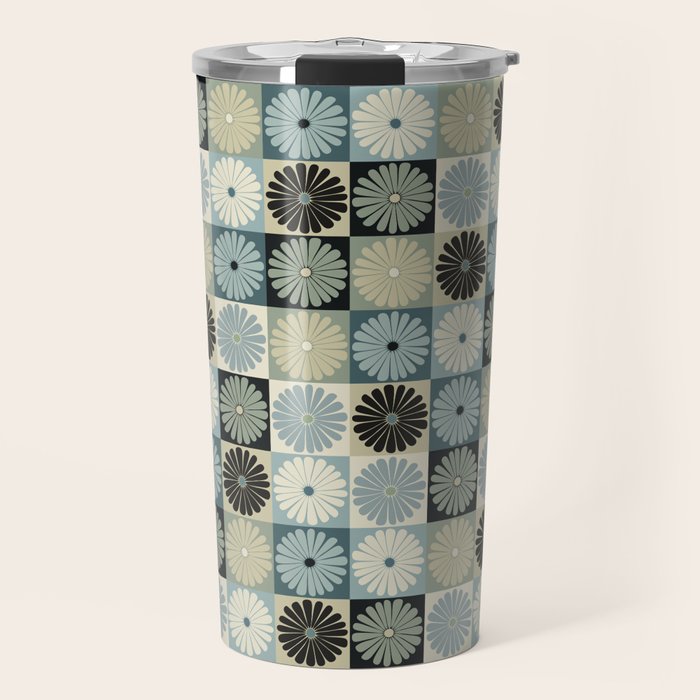 Retro Flowers Check Pattern VI Travel Mug Gallery Image 1