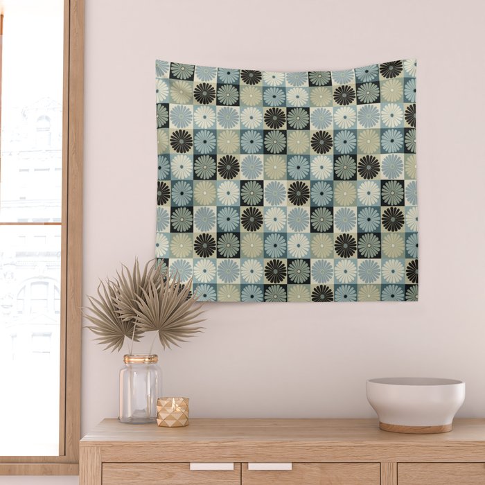 Retro Flowers Check Pattern VI Wall Tapestry Gallery Image 2