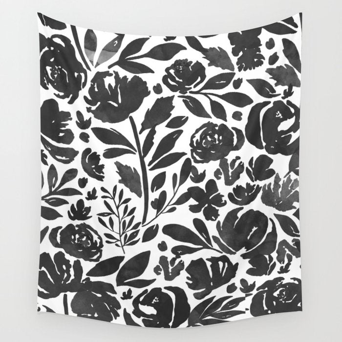 Simple black and white flower garden Wall Tapestry Gallery Image 4