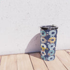 Cats Donut Care // blue background goldenrod yellow mustard, teal pastel blue and brown sweet kitties Travel Mug Gallery Image 4