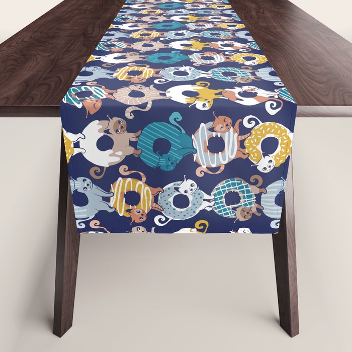 Cats Donut Care // blue background goldenrod yellow mustard, teal pastel blue and brown sweet kitties Table Runner Gallery Image 1