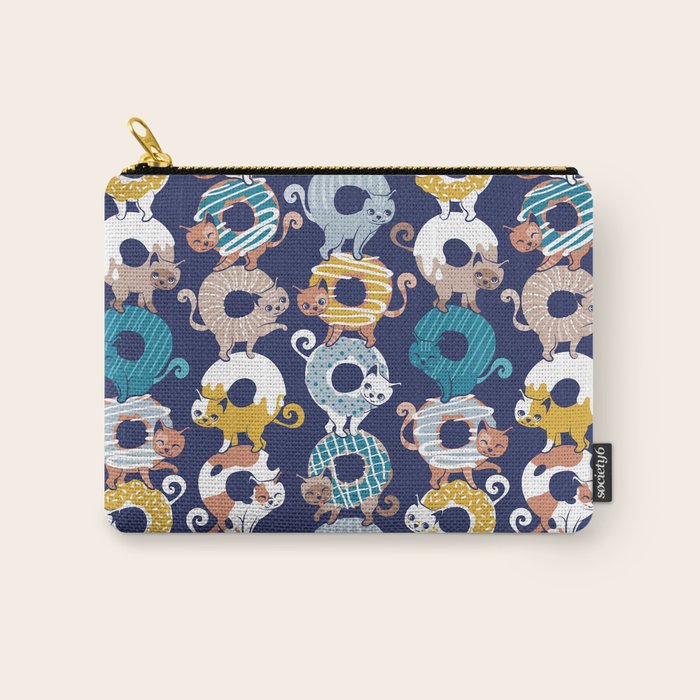 Cats Donut Care // blue background goldenrod yellow mustard, teal pastel blue and brown sweet kitties Carry All Pouch Gallery Image 1