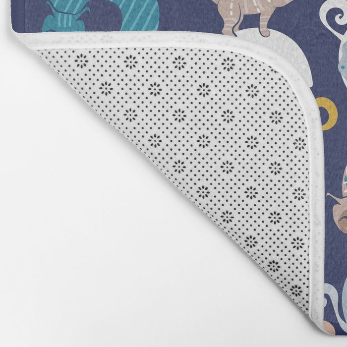 Cats Donut Care // blue background goldenrod yellow mustard, teal pastel blue and brown sweet kitties Bath Mat Gallery Image 2